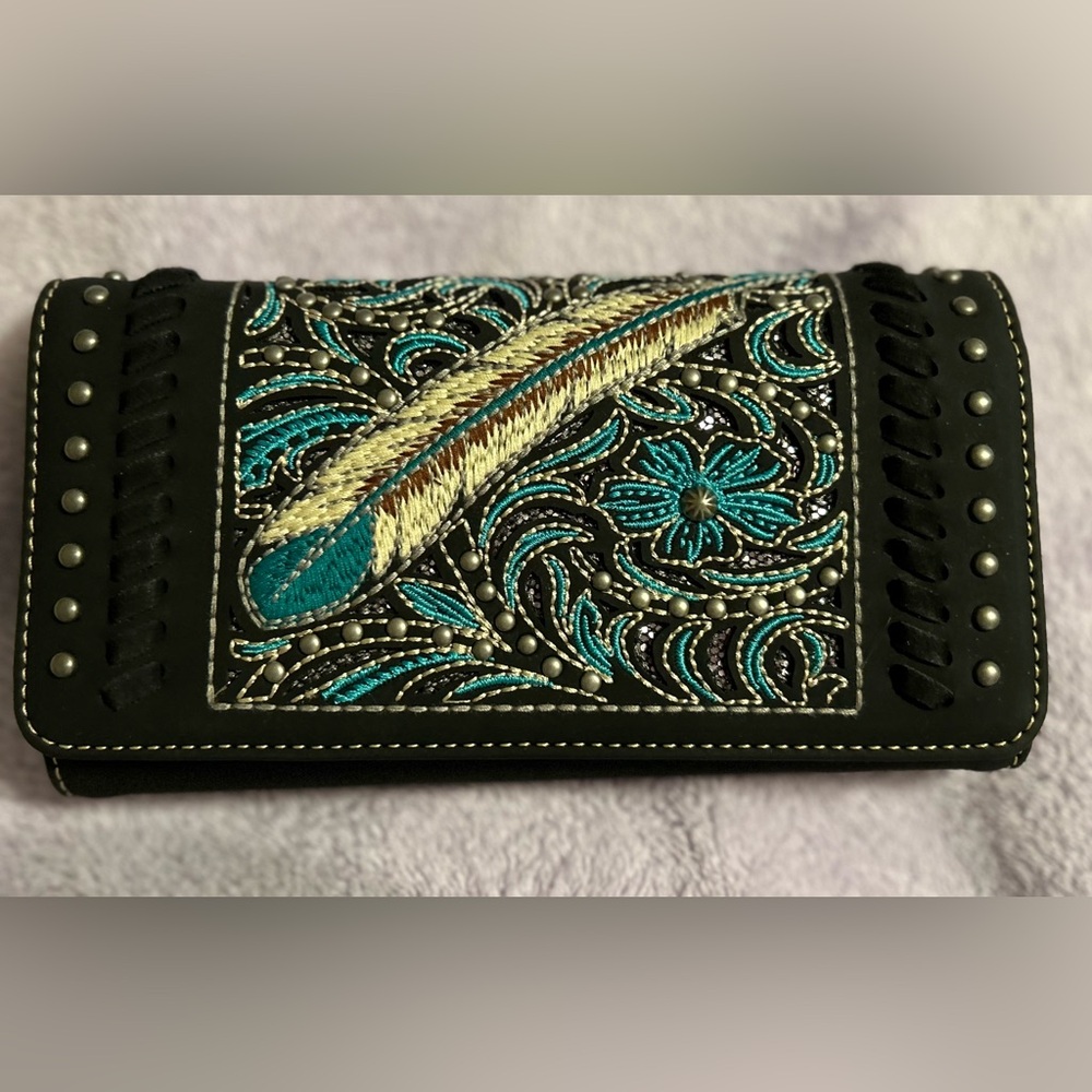 Montana West Black and Teal Embroidered Wallet